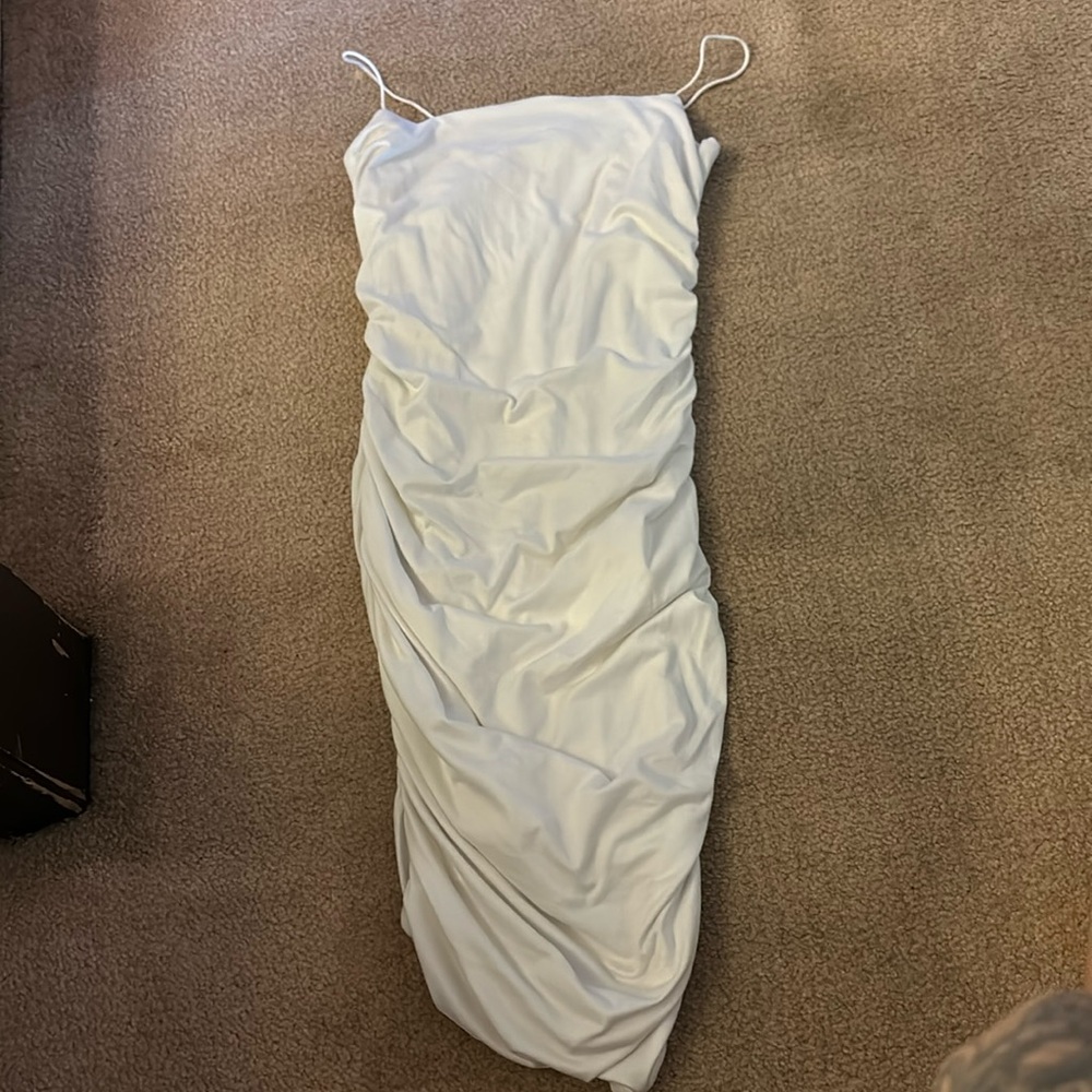 white scrunch side dress